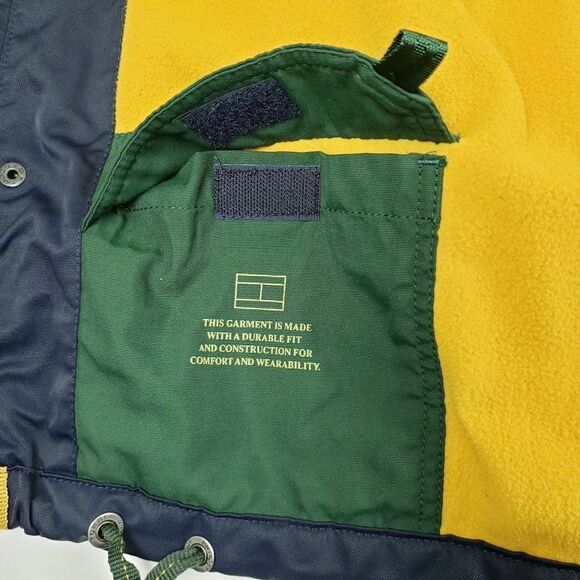 Vtg Tommy Hilfiger Men's Large Fleece Lined Hooded Green Blue Yellow Rain Jacket - Picture 5 of 15
